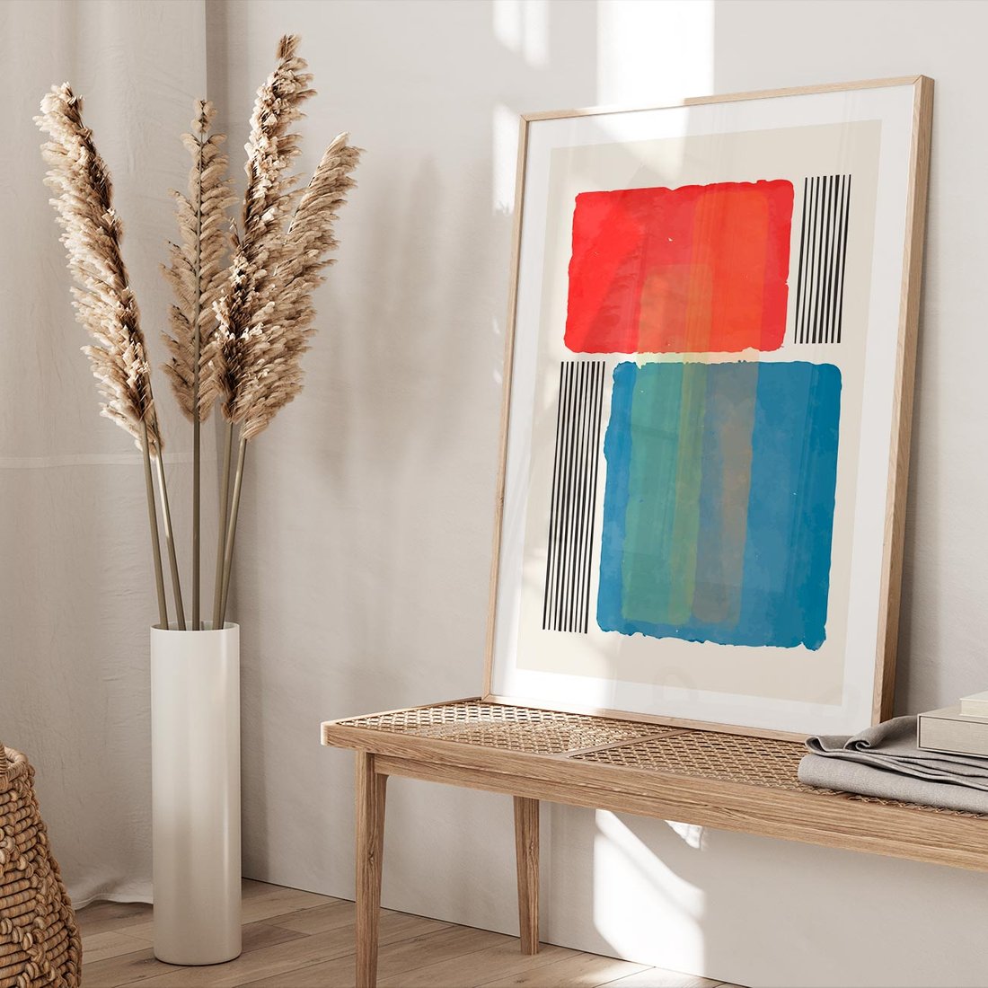 Plakat w ramie 50x70 - Kolorowe Spektrum - kolorowa geometria, prostokąty w intensywnych kształtach i czarne kreski - rama drewno