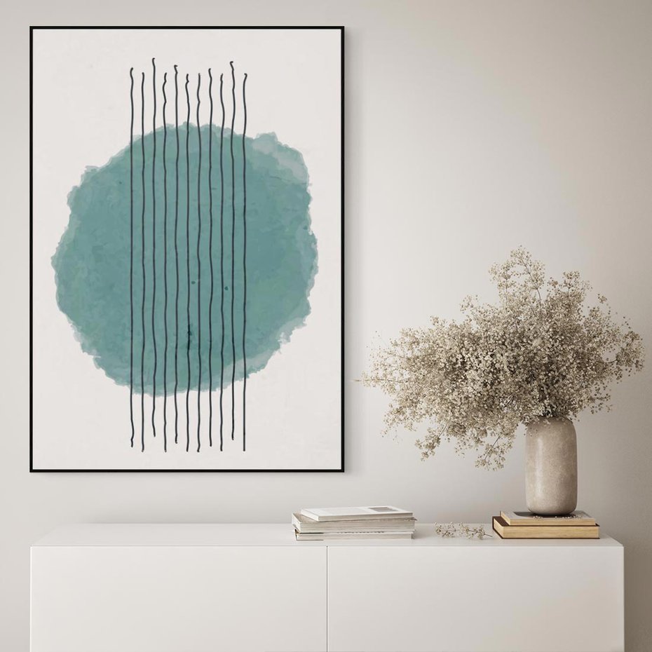 Obraz w ramie 50x70 - Podróżne Inspiracje - abstrakcyjna akwarelowa plama, nieregularne kreski - rama czarna