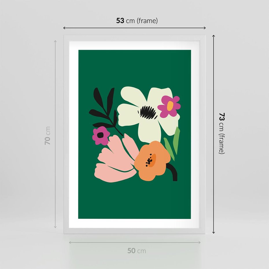 Plakat w ramie 50x70 - Rozbijające Echa - abstrakcyjne kwiaty, zielone tło - rama biała