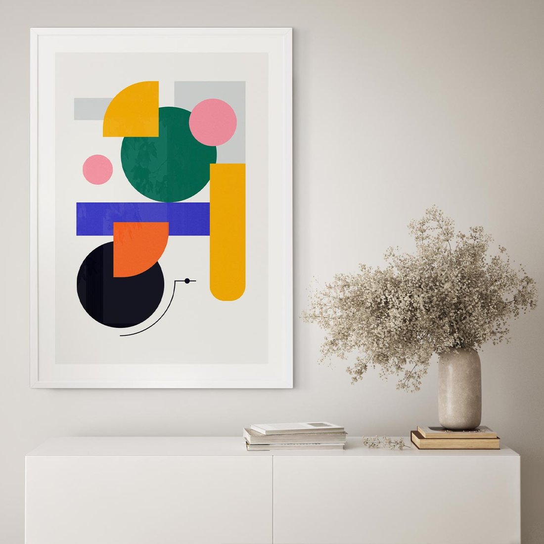 Plakat w ramie 50x70 - Przestrzenne Innowacje - nowoczesna sztuka, geometryczna kolorowa grafika - rama biała