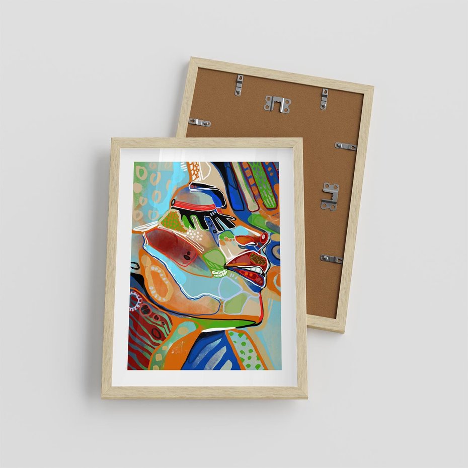 Plakat w ramie 30x40 - Kolorowe Wnętrza Kształtów - abstrakcyjny portret kobiety, twarz - rama drewno