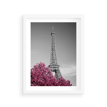 Plakat w ramie 40x50 - Różowy Paryż - czarno białe zdjęcie, wieża eiffla - rama biała