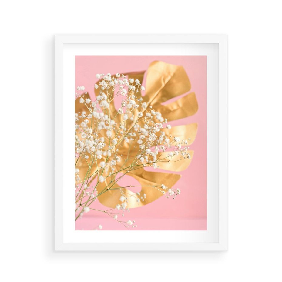 Plakat w ramie 40x50 - : Elegancja w Złocie - złote, liście - rama biała