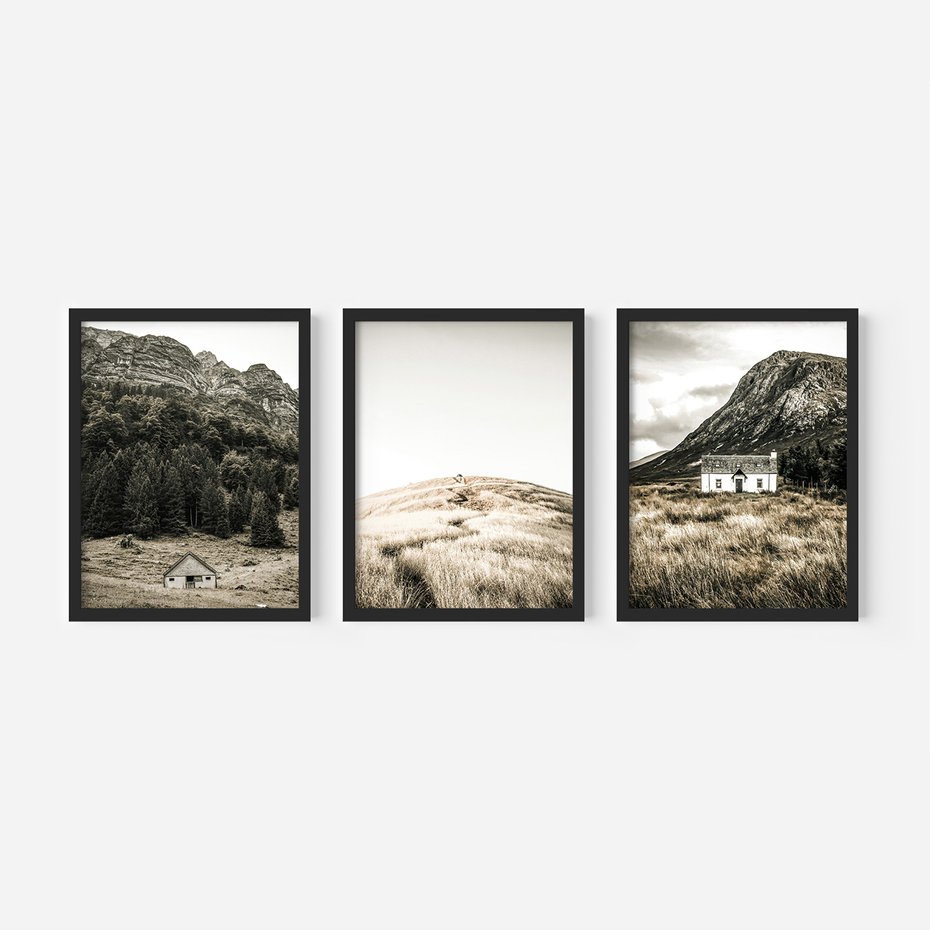 Zestaw obrazy w ramie 30x40 galeria - Górskie, domki, łąki, sepia - rama czarna