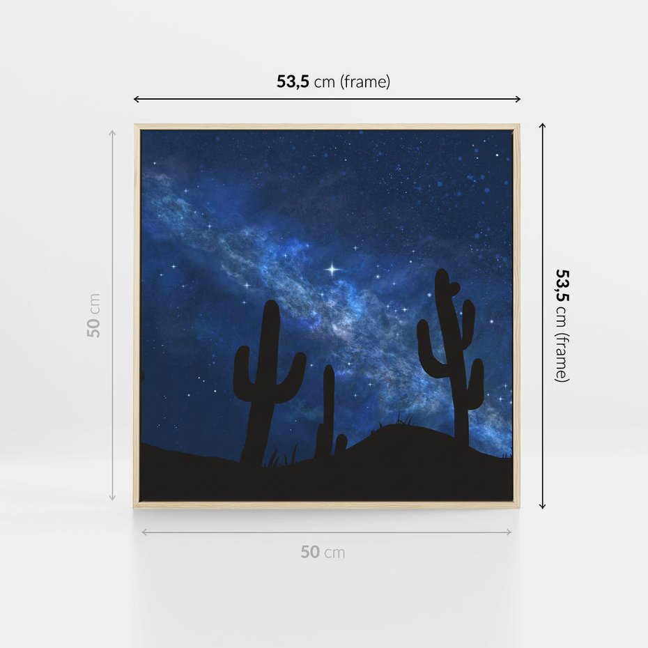 Obraz w ramie 50x50 - Nocne Tajemnice Pustyni - gwieździsta noc, granatowe niebo - rama drewno