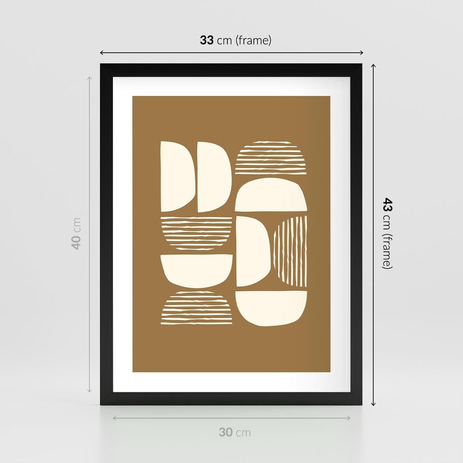 Plakat w ramie 30x40 - Wewnętrzne Spektrum - geometryczne boho kształty na brązowym, karmelowym tle - rama czarna