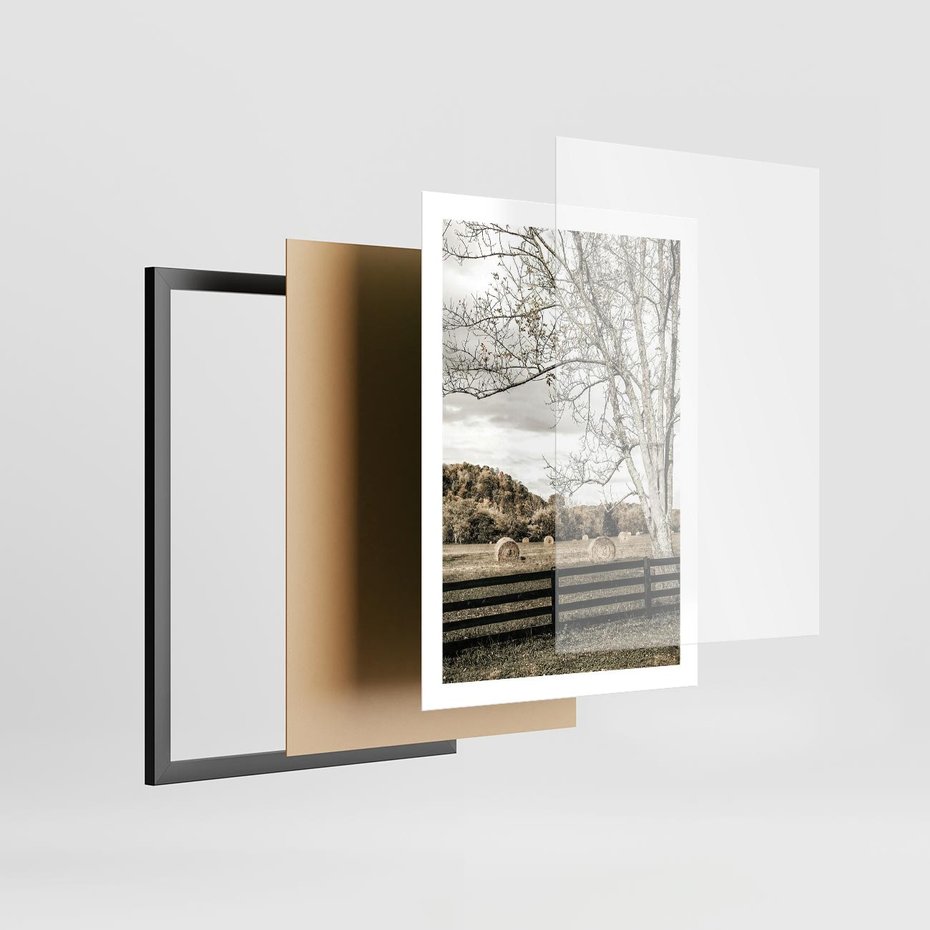 Plakat w ramie 50x70 - Drzewa i Snopki Siana - farma, drzewa - rama czarna