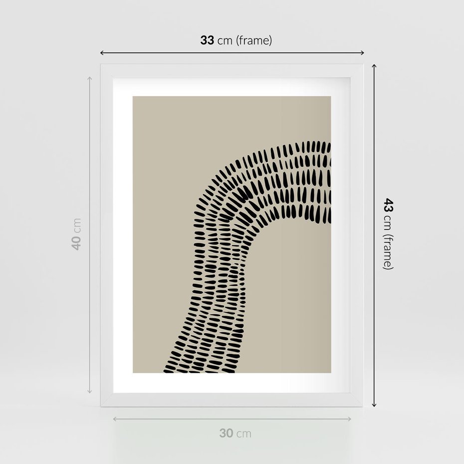 Plakat w ramie 30x40 - Migotliwa Innowacyjna Ekspresja - boho plakat, czarne kropki kreski - rama biała