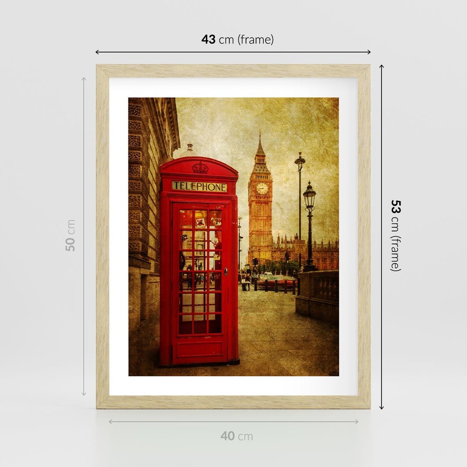 Plakat w ramie 40x50 - Ikoniczna budka telefoniczna w Londynie - sepia, budka - rama drewno