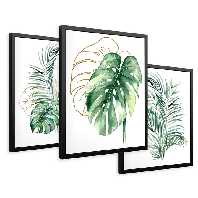 Zestaw obrazy w ramie 40x50 galeria - Liście, monstera, palma, złote, akwarela - rama czarna