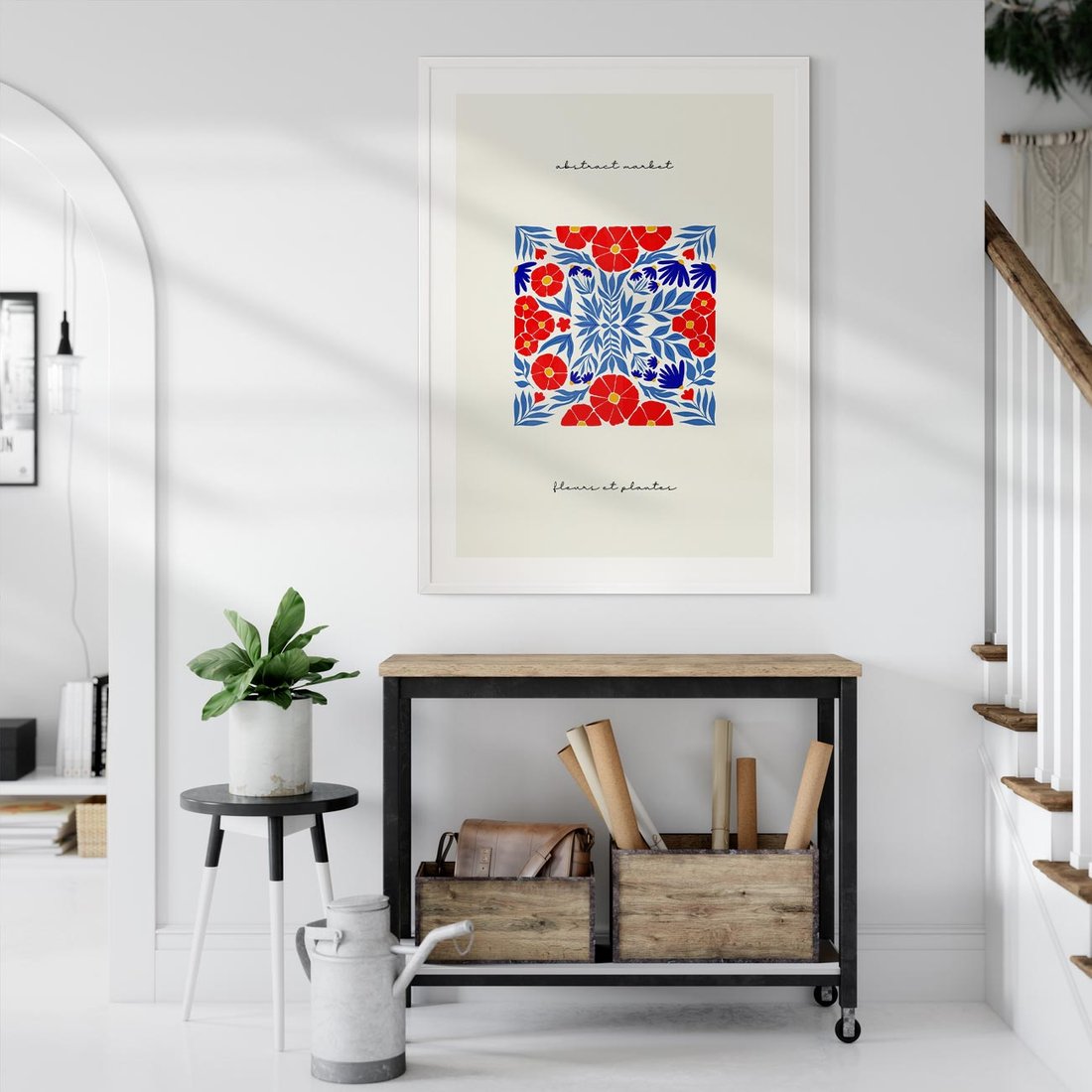 Plakat bez ramy 40x50 - Tajemnicza Droga - nowoczesna kwiatowa kompozycja, czerwony i niebieski