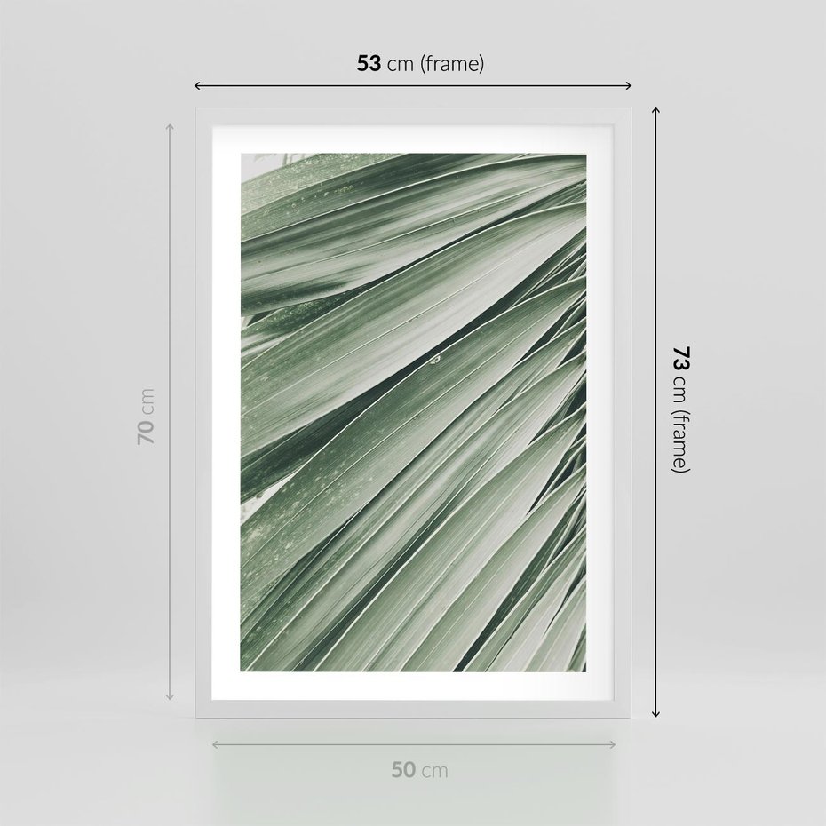 Plakat w ramie 50x70 - Tropikalna Oaza - zielony liść palmy, zieleń - rama biała
