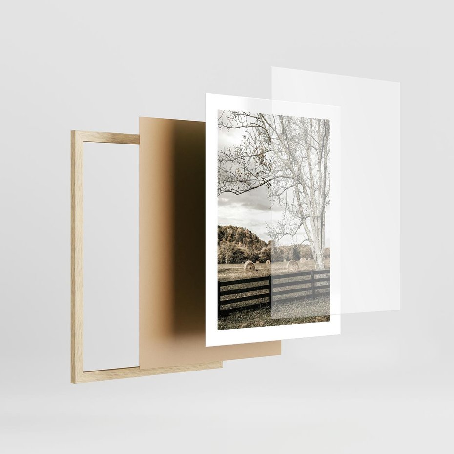 Plakat w ramie 30x40 - Drzewa i Snopki Siana - farma, drzewa - rama drewno