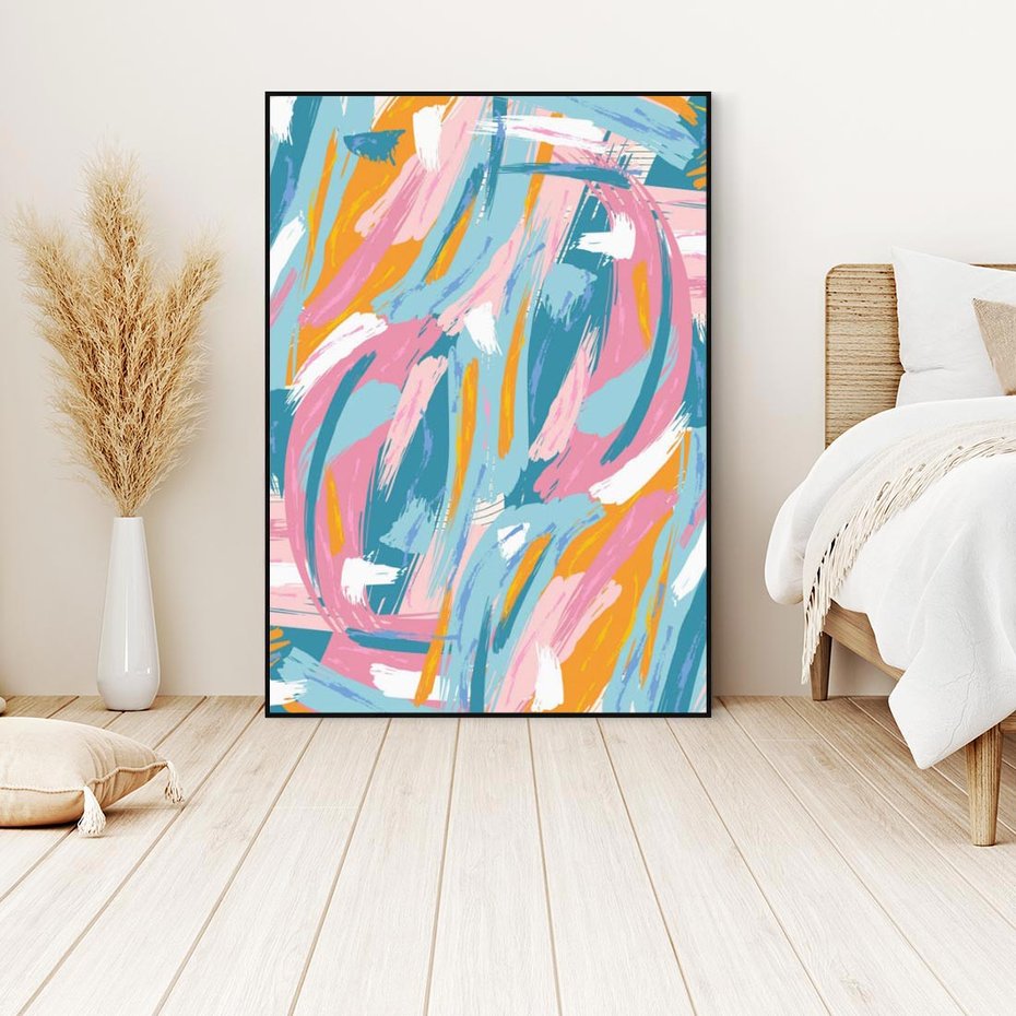 Obraz w ramie 70x100 - Refleksje w krainie abstrakcji - abstrakcja, energiczne pociągnięcia pędzla - rama czarna