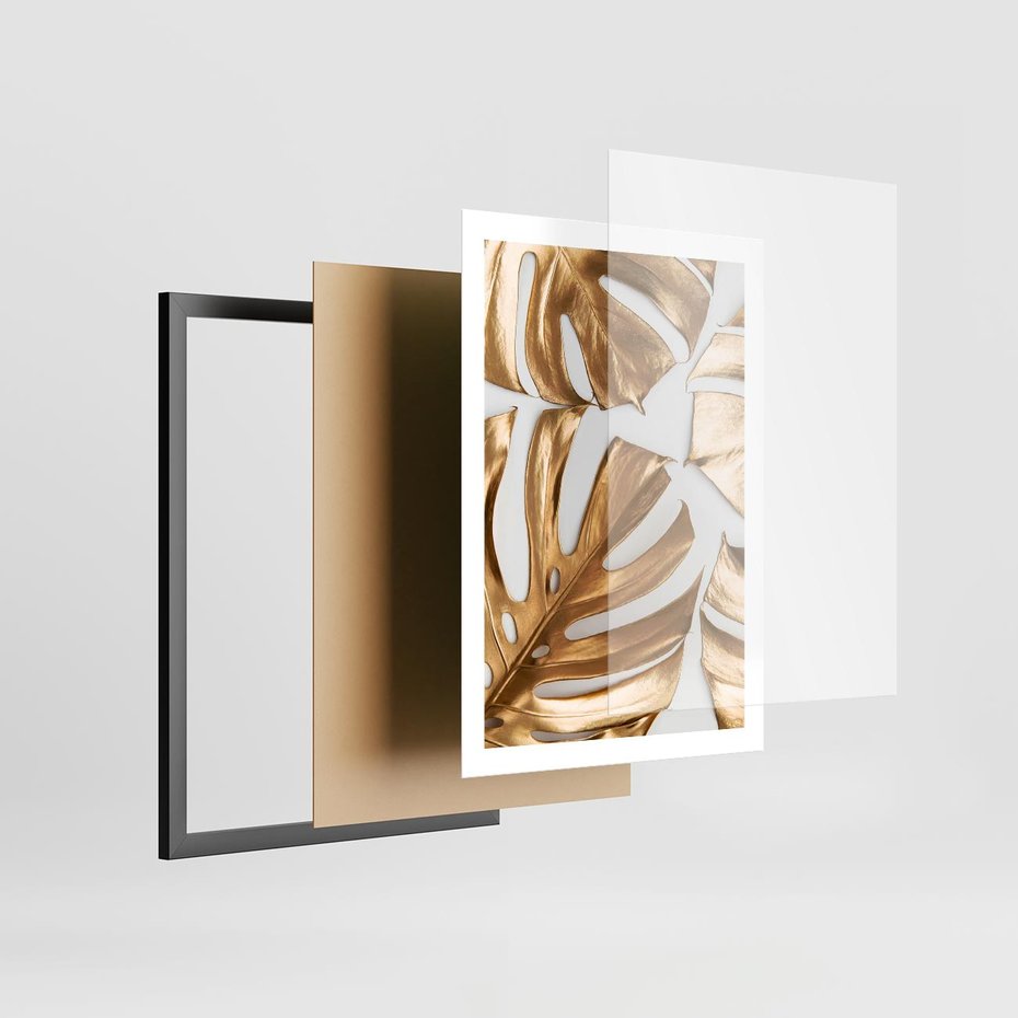 Plakat w ramie 50x70 - Złote Akcenty w Fotografii - złotel liście monstery, na białym tle - rama czarna