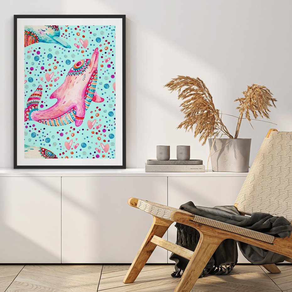 Plakat w ramie 50x70 - Lekkość W Ruchu - delfin, akwarela - rama czarna