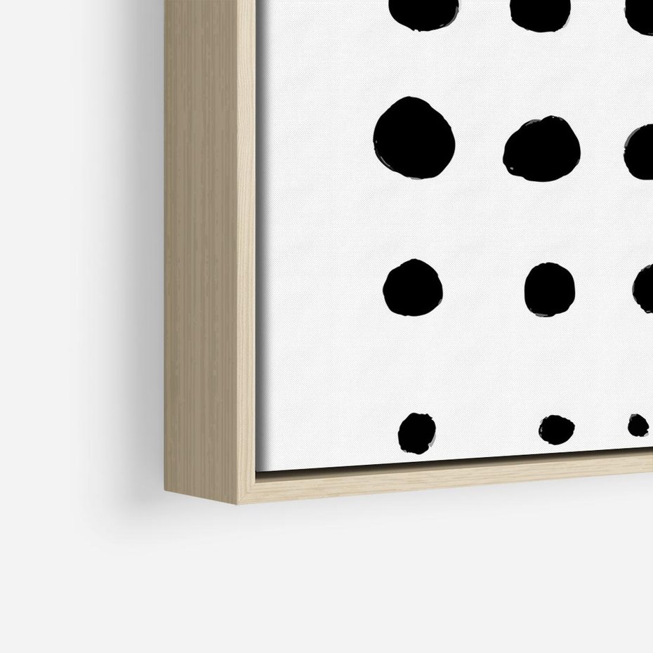 Obraz w ramie 80x80 - Refleksje Światła - minimalistyczna kompozycja, czarne kropkina białym tle - rama drewno