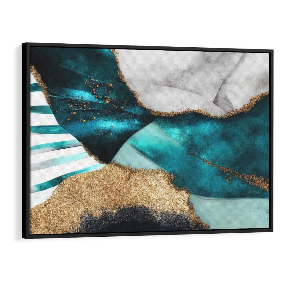 Obraz w ramie 100x70 - Rozlane Turkusy - Turkusowe plamy, złote elementy - rama czarna