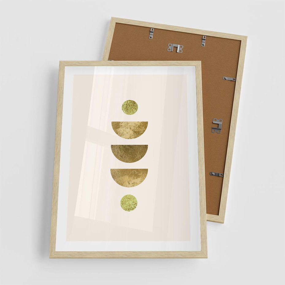 Plakat w ramie 50x70 - Harmonijne Odbicia - geometryczne złote kształty, tekstura - rama drewno