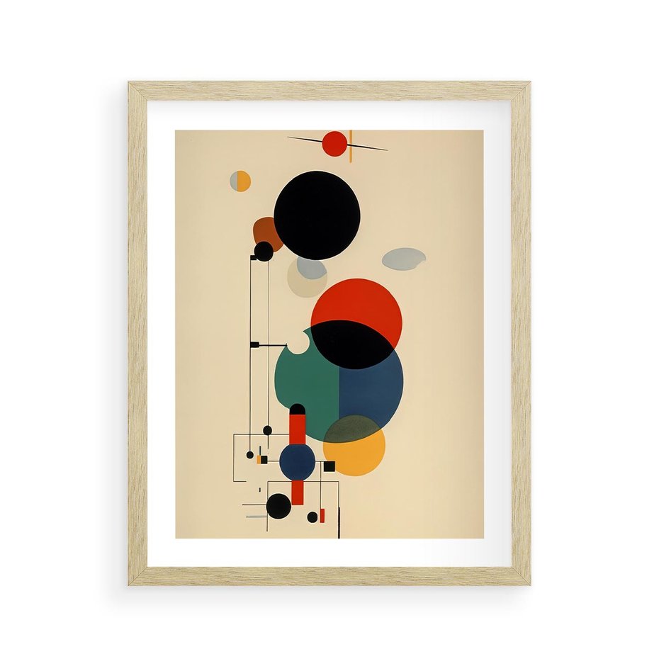 Plakat w ramie 40x50 - Migocące Impresje Odniesień - abstrakcyjna geometryczna kompozycja, koła linie - rama drewno