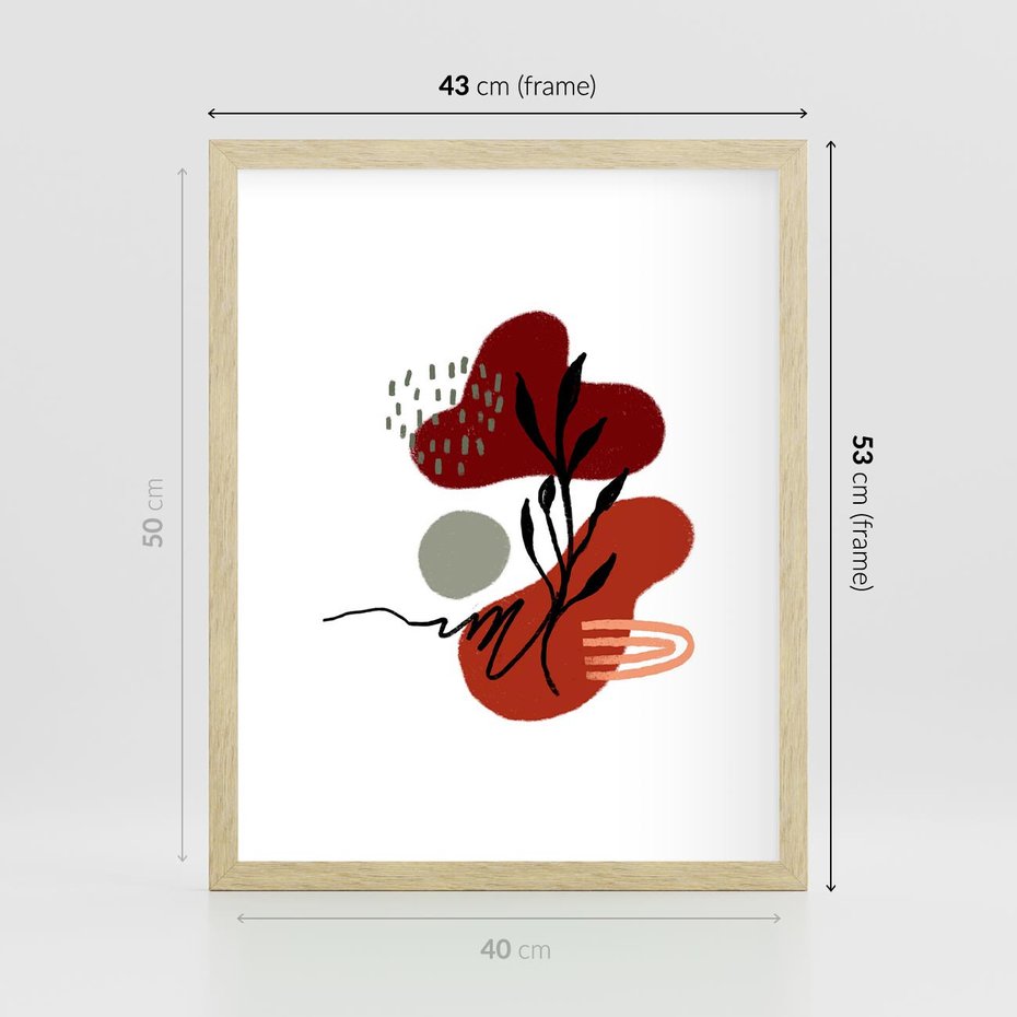 Plakat w ramie 40x50 - Migocące Kształty Liści - bstrakcyjna sztuka, boho kształty - rama drewno
