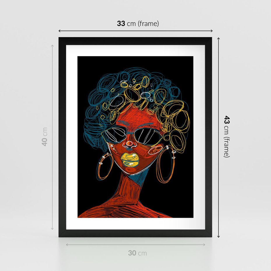 Plakat w ramie 30x40 - Kolorowe Wibracje Rzeczywistości - abstrakcyjny portret kobiety, twarz - rama czarna