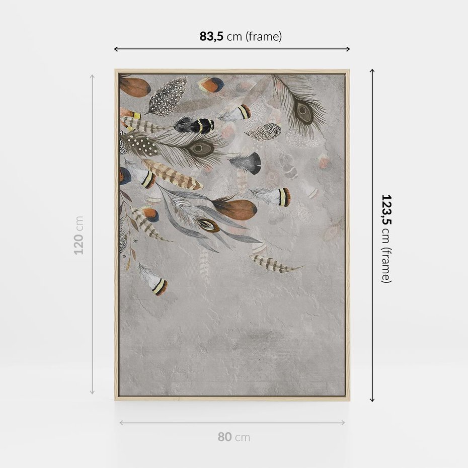 Obraz w ramie 80x120 - Sploty losu na płótnie - kompozycja boho piór, indiańskie pióra - rama drewno