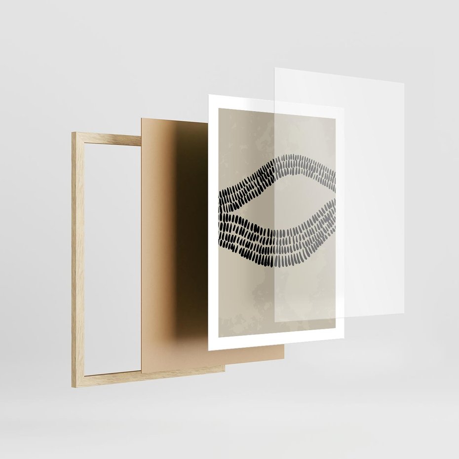 Plakat w ramie 50x70 - Kontury Ewolucji Materii - boho plakat, czarne kropki kreski - rama drewno