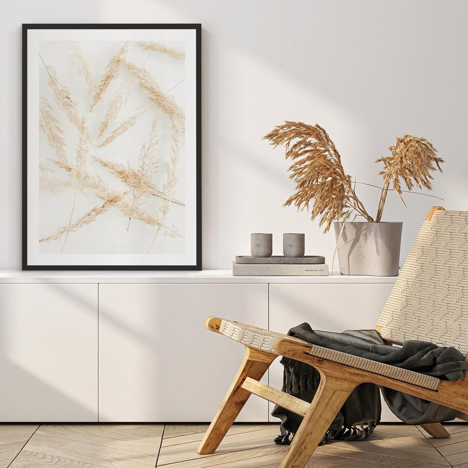 Plakat w ramie 50x70 - Pampas w Stylu Boho: Kompozycja Natury - suche trawy, pampas - rama czarna