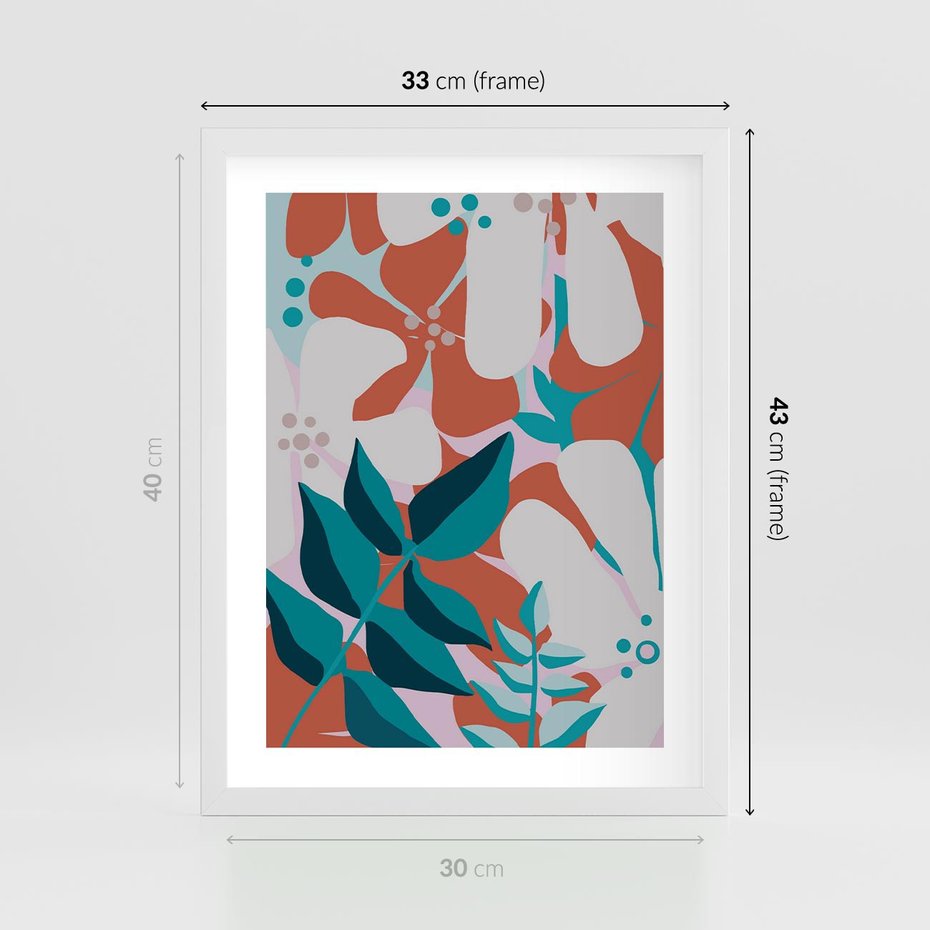 Plakat w ramie 30x40 - Harmonijne Formy - abstrakcyjna kompozycja kwiatowych form, kolor zgaszone - rama biała