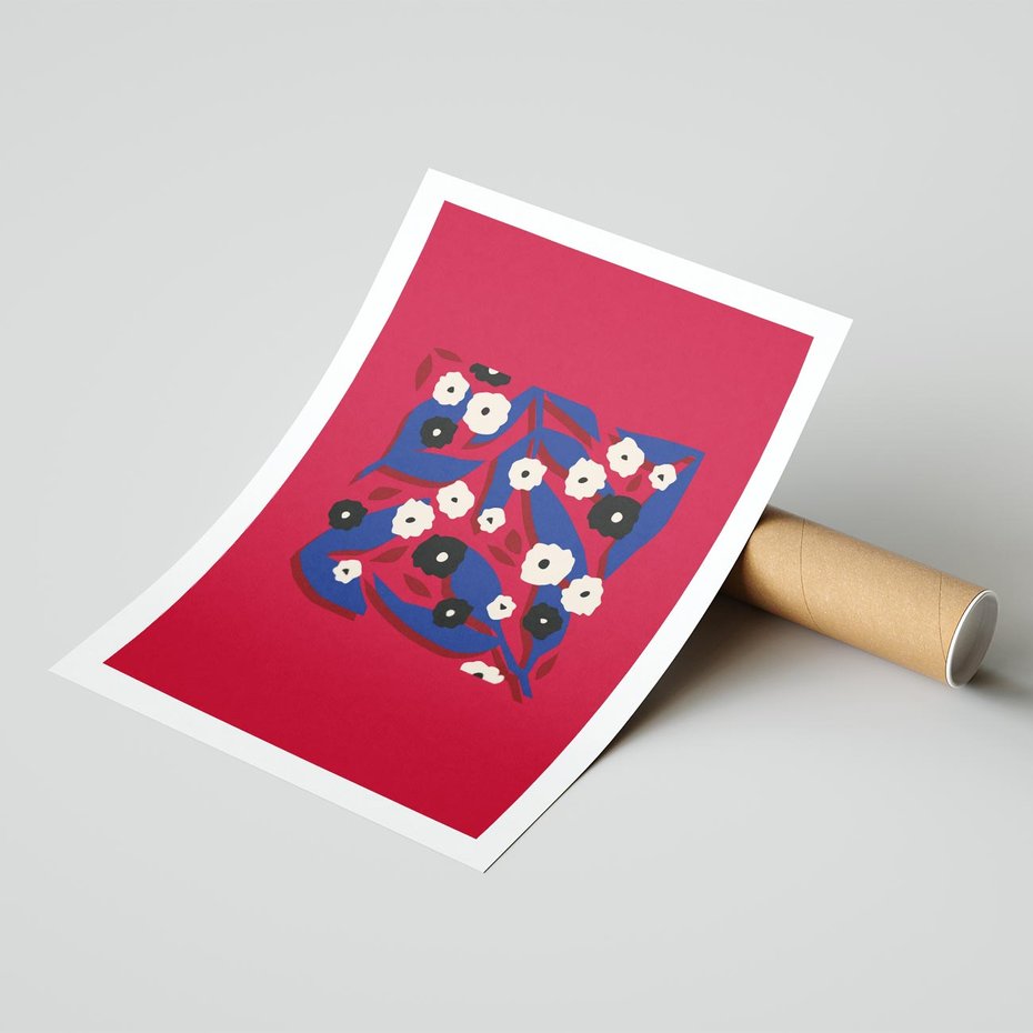 Plakat bez ramy 40x50 - Kolorowe Przenikanie - abstrakcyjna kwiatowa kompozycja, czerwone mocne tło