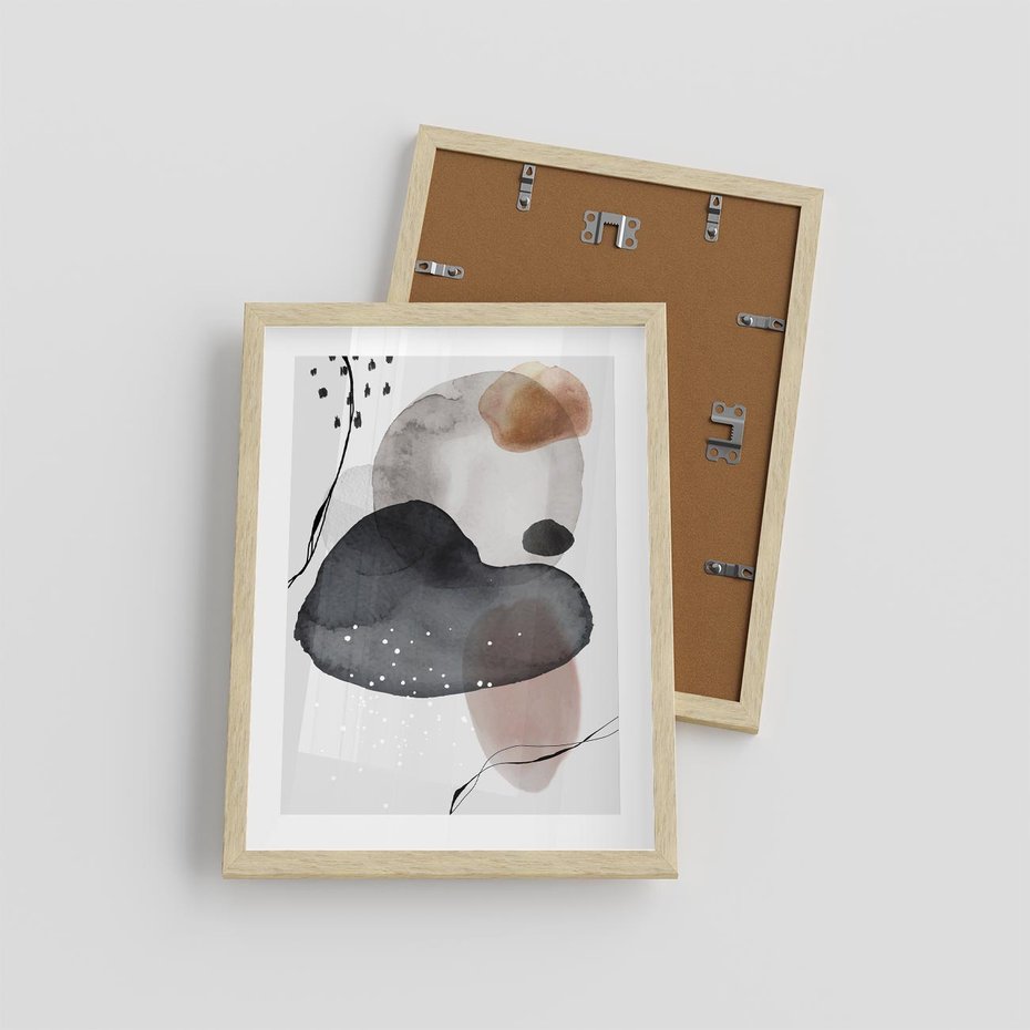 Plakat w ramie 30x40 - Impresje Harmonii - abstrakcyjne plamy akwarelowe, czarny szkic - rama drewno