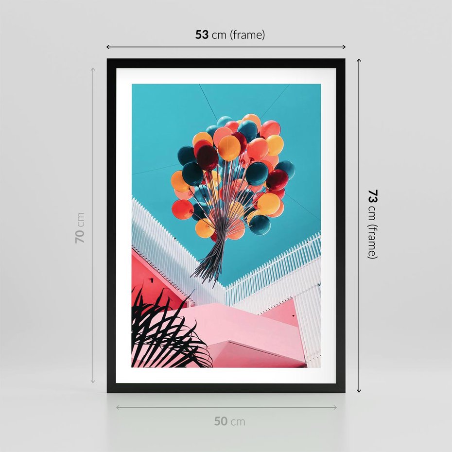 Plakat w ramie 50x70 - Kolorowe Balony Pod Niebem - kolorowe balony na tle niebieskiego nieba - rama czarna