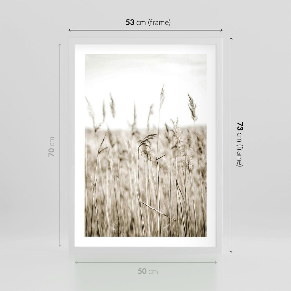 Plakat w ramie 50x70 - Nostalgiczny Pejzaż - suche trawy, pole - rama biała