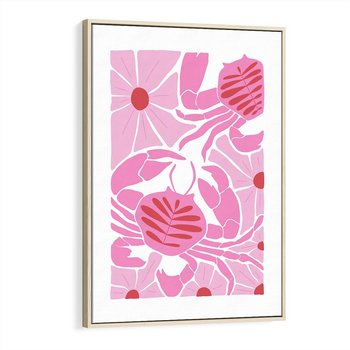 Obraz w ramie 70x100 - Roztańczone Kraby - różowe kwiaty i kraby, abstrakcyjna kompozycja - rama drewno