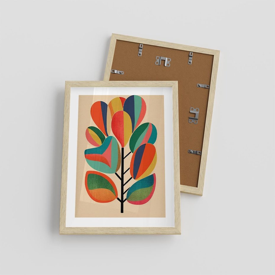 Plakat w ramie 30x40 - Wnętrza Kształtów - abstrakcyjny kolorowy tęczowy obraz, inspiracje roślinne - rama drewno