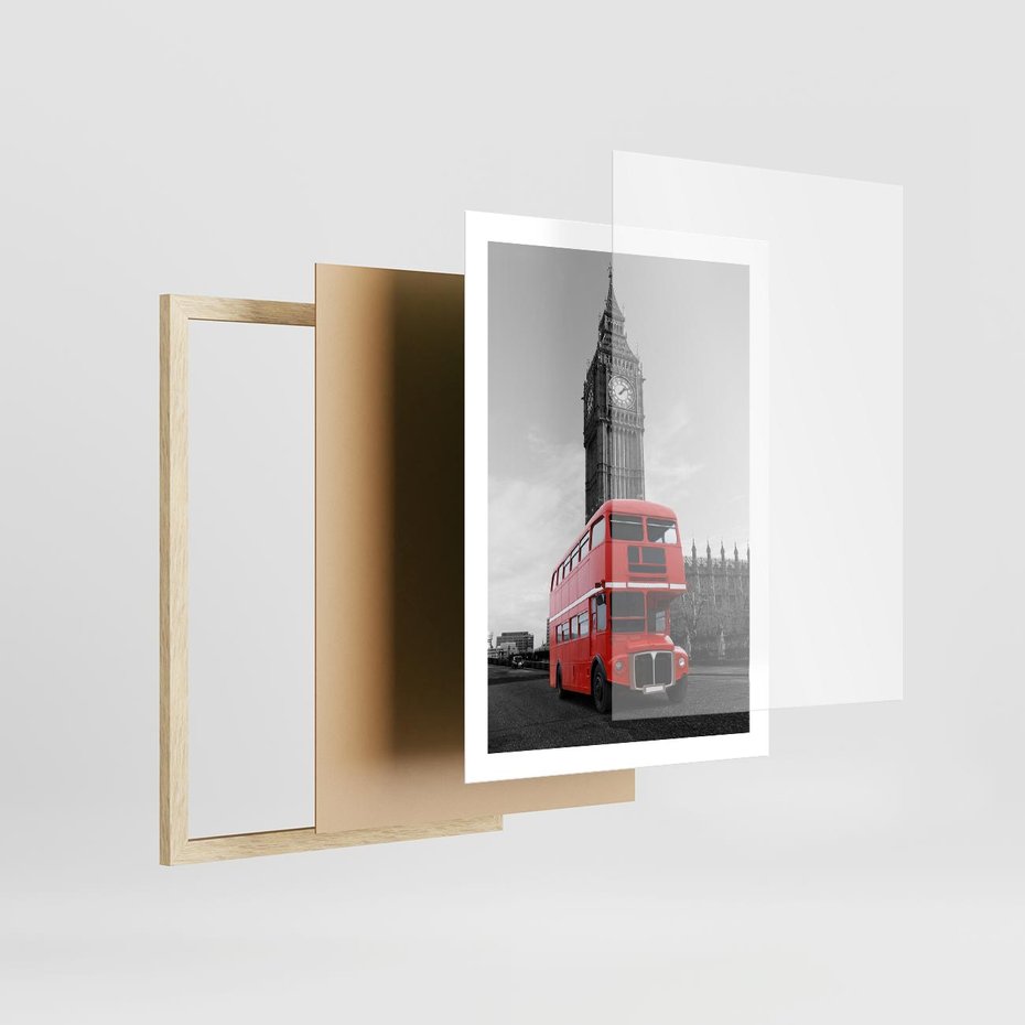 Plakat w ramie 50x70 - Autobusy w tętniącym życiem Londynie - Londyn, autobus - rama drewno