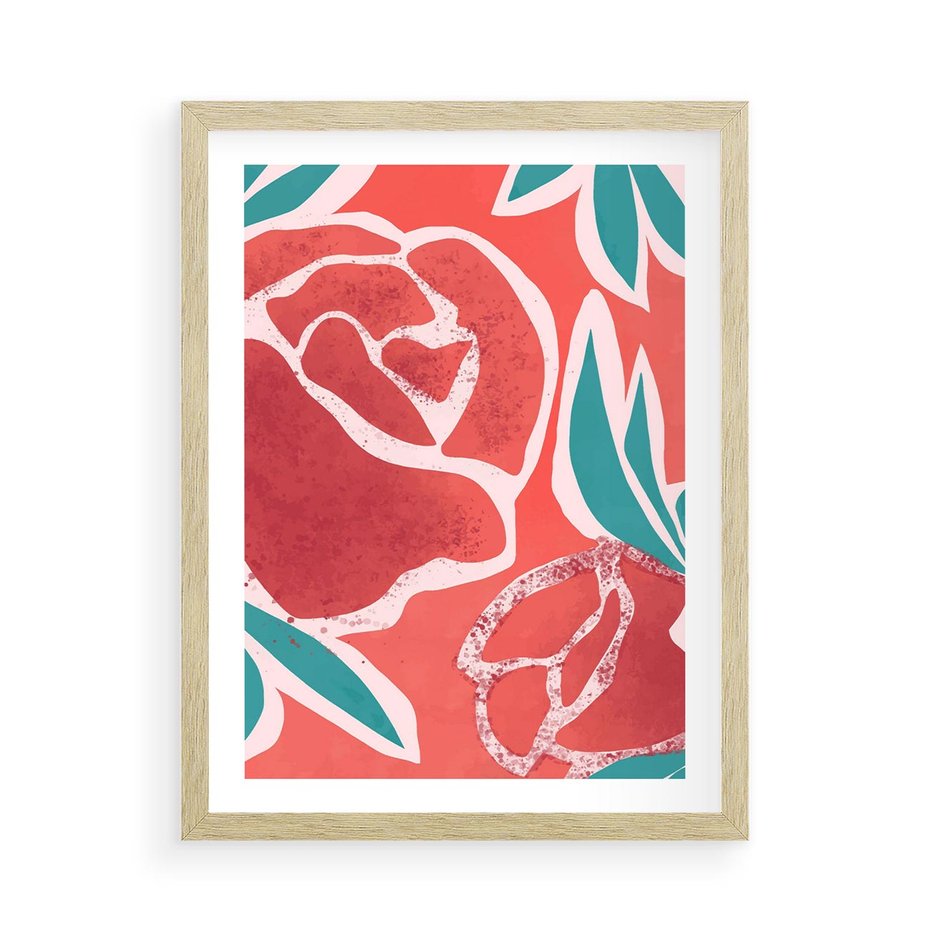 Plakat w ramie 50x70 - Rozkwitające Kształty - nowoczesny plakat, abstrakcyjne róże - rama drewno