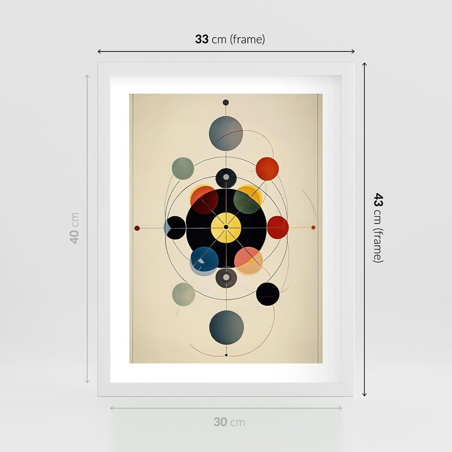 Plakat w ramie 30x40 - Bezgraniczny Taniec Światła - abstrakcyjna geometryczna kompozycja, koła linie - rama biała