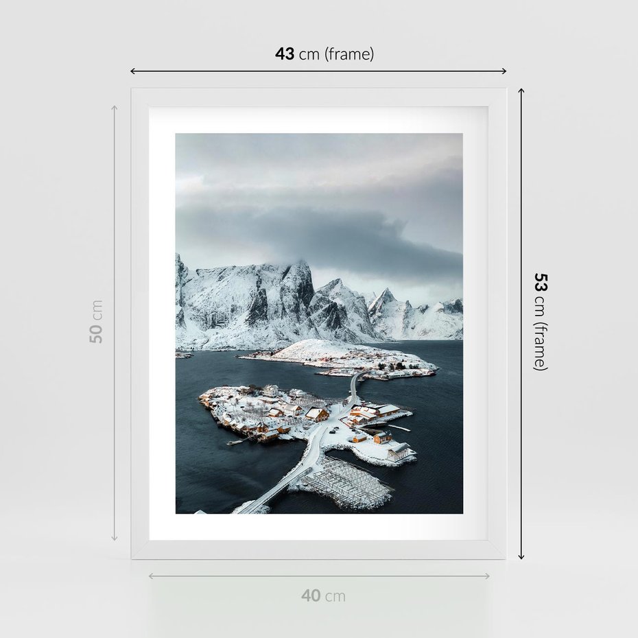 Plakat w ramie 40x50 - Ciepło i Urok Północy - skandynawskie, domki - rama biała