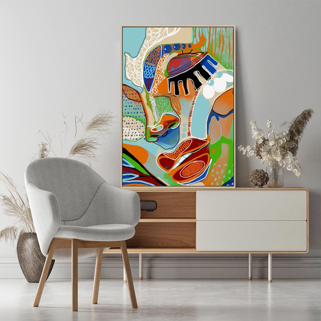 Obraz w ramie 80x120 - Wibracje Kształtów - abstrakcyjny portret kobiety, twarz - rama drewno