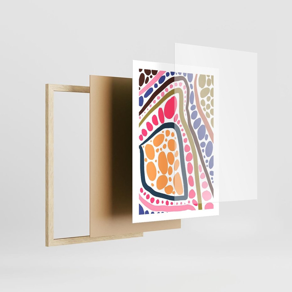 Plakat w ramie 50x70 - Migocące Tęczowe Widzenia - kolorowe wzory, tęczowe żywe kolory - rama drewno