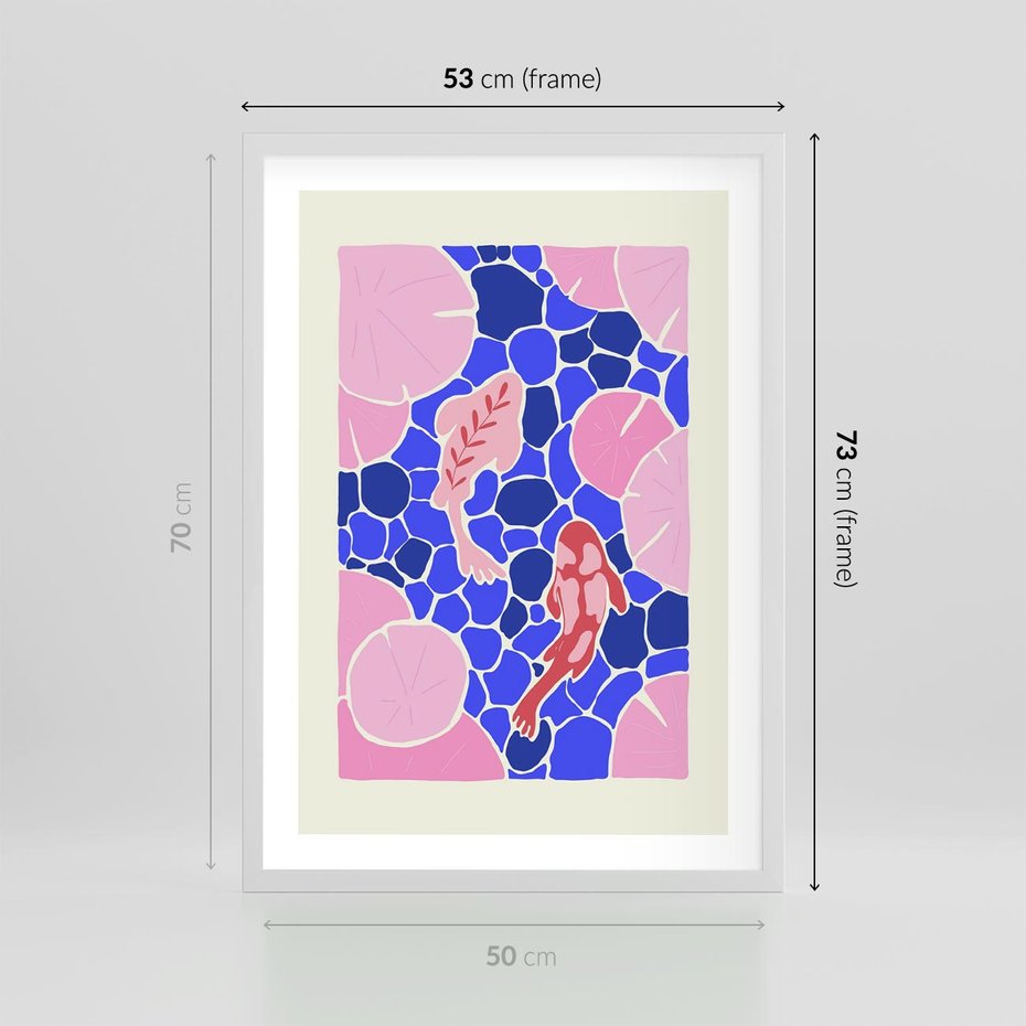 Plakat w ramie 50x70 - Rzeka Abstrakcji - abstrakcyjna kompozycja, różowe ryby wśród rafy - rama biała