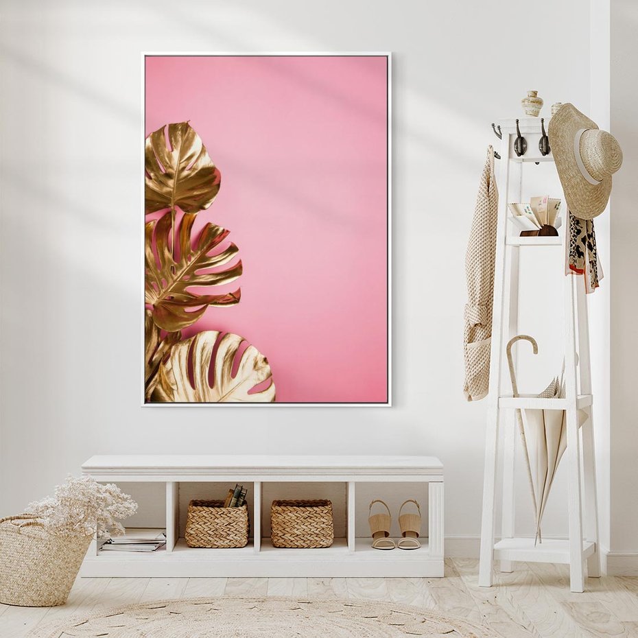 Obraz w ramie 80x120 - Luksusowa Elegancja - złote, liście - rama biała