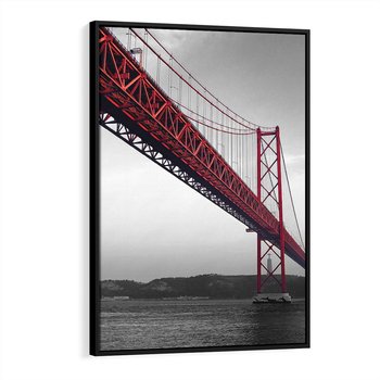 Obraz w ramie 50x70 - Majestatyczny Most - czarno biała fotografia, czerwony stalowy most nad rzeką - rama czarna
