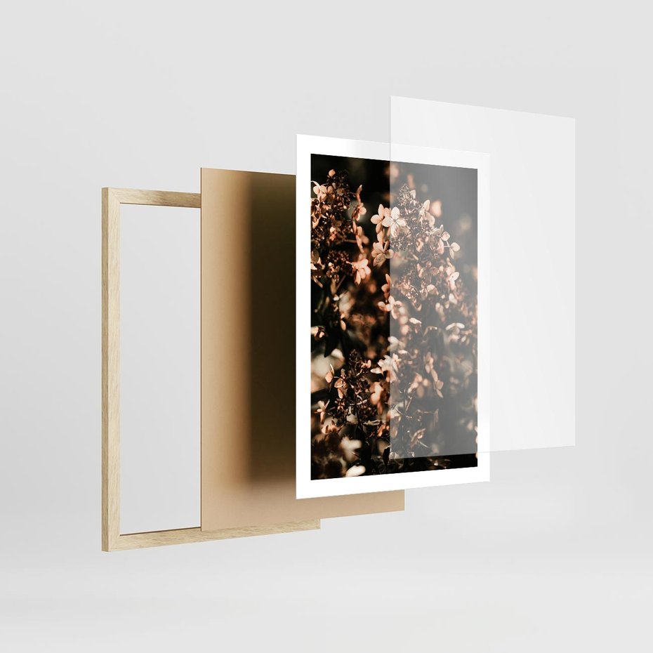 Plakat w ramie 50x70 - Sucha Kompozycja Kwiatów - suche kwiaty hortensji - rama drewno