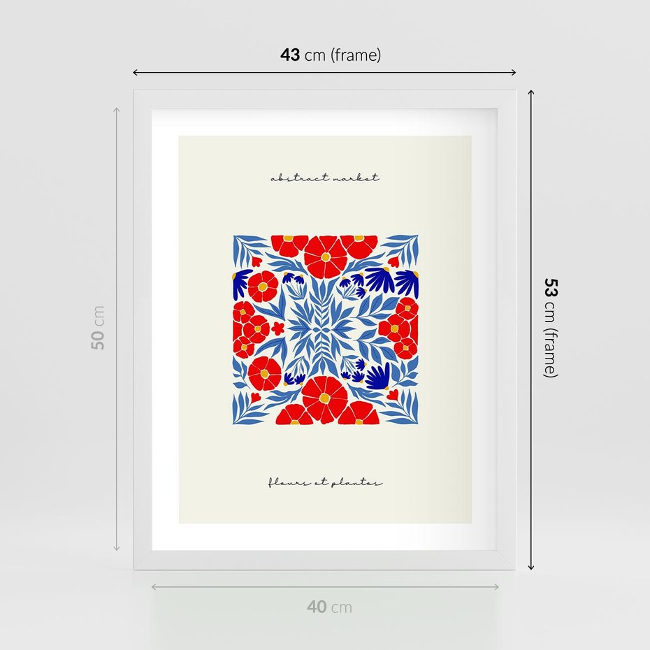 Plakat w ramie 40x50 - Tajemnicza Droga - nowoczesna kwiatowa kompozycja, czerwony i niebieski - rama biała