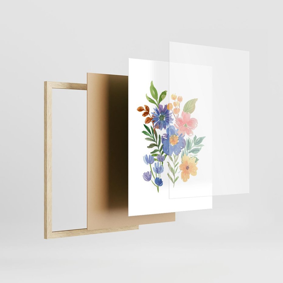 Plakat w ramie 50x70 - Kwiatowe Opowieści - akwarelowe polne kwiaty, minimalistyczna sztuka - rama drewno