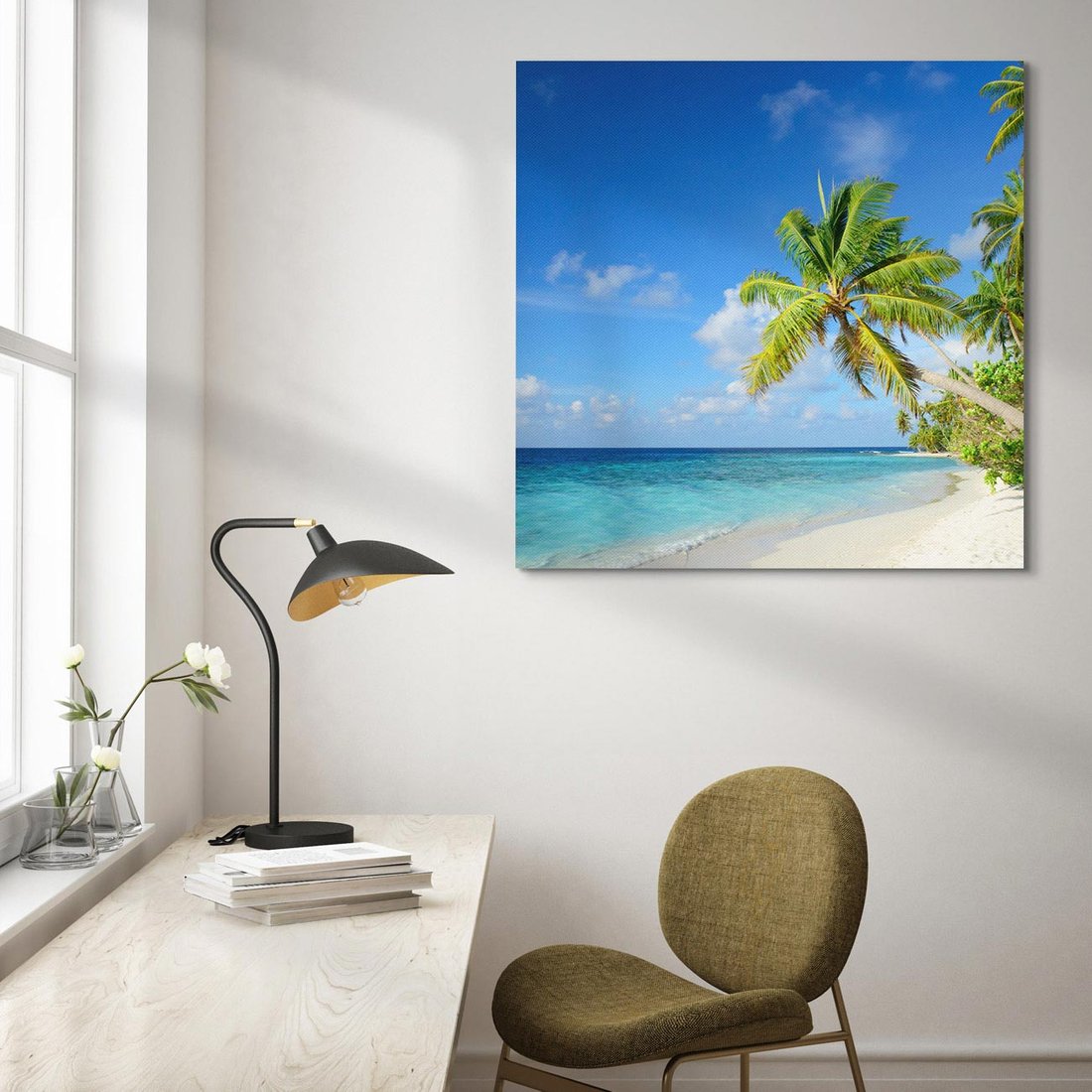 Obraz na płótnie 40x40 - Rajskie Malediwy: Plaża pod palmami - Malediwy, plaża