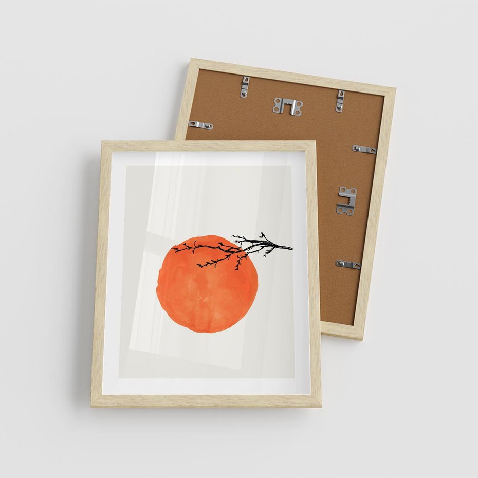 Plakat w ramie 40x50 - Słońce i Gałązka - pomarańczowe słońce, gałązka - rama drewno